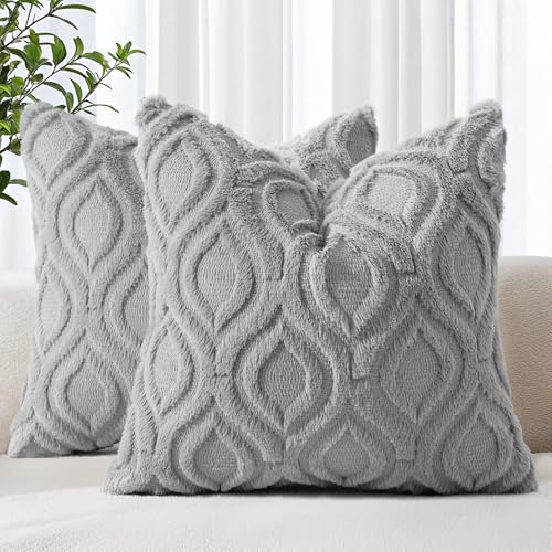 Faux Fur Plush Soft Grey Throw Pillow Covers 22x22 Set of 2 (22" x 22" (Pack of 2) / Grey)