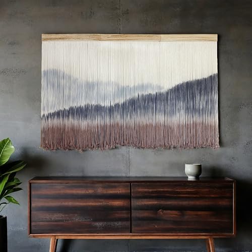 Large Dip Dye Macrame Wall Hanging Tapestry 59"x38" Boho Decor (Blue Gray and Coffee)