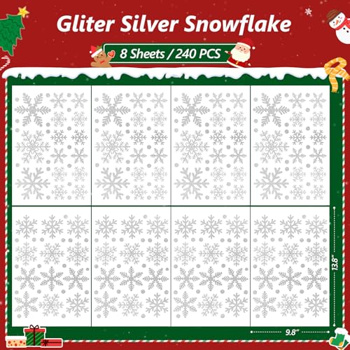 240Pcs Christmas Window Clings Glitter Snowflakes Window Decals (Glitter)