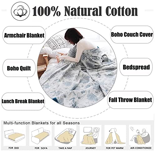 Boho Throw Blanket 80"x90" 100% Cotton Reversible Throw Couch Bed (M-blue Flower / 80"x90")