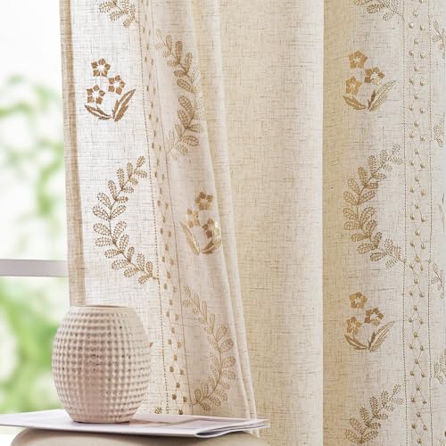 Floral Lined Linen Curtains 84 Inch Farmhouse Back Tab 2 Panels (Beige / 50"W x 84"L (Pack of 2))