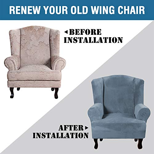 Wingback Chair Covers Velvet Plush Wing Chair Slipcover 1 Piece High Stretch Wing Back Chair Slipcovers Sofa Cover Furniture Cover with Elastic Bottom (Stone Blue / Wing Chair)