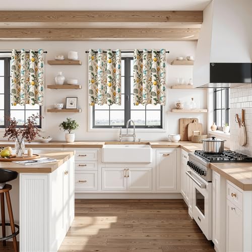 54 Inches Long Blackout Curtains for Cafe Kitchen Beige Vintage Grommet Room Darkening Luxury Floral Lemon Hummingbird Patterned Waverly Colorful Drapes for Living Room Bedroom (Beige / 52"W x 54"L (Pack of 2))