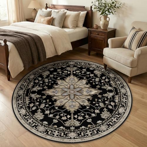Washable Area Rug (Black/Neutral / 5' (Round))