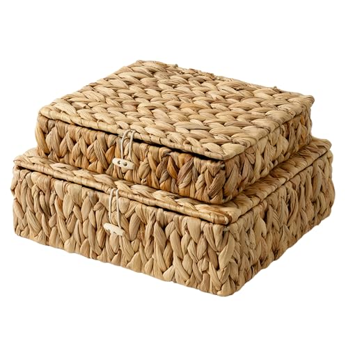 Wicker Basket with Lids (Natural(Water Hyacinth) / 12¾"L x 11¼"W x 4¼"H + 11"L x 9¼"W x 2½"H)
