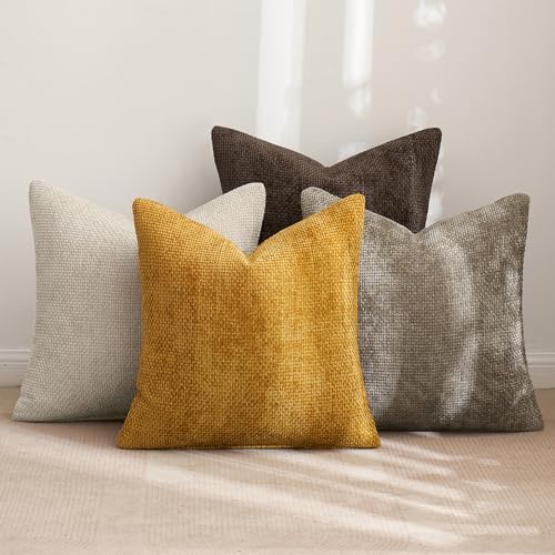 Decorative Chenille Fall Pillow Covers Gold Brown 20x20 Pack of 4 (20" x 20" (Pack of 4) / Neutral Gold/Brown)