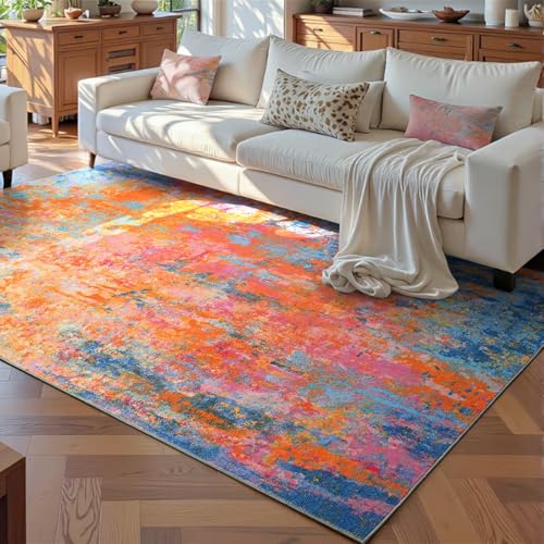 Living Room Rug 5x7 Rainbow Area Rugs Washable Boho Colorful Rug Non Slip Abstract Vintage Indoor Large Carpet for Bedroom (Rainbow / 5' x 7' (Rectangular))
