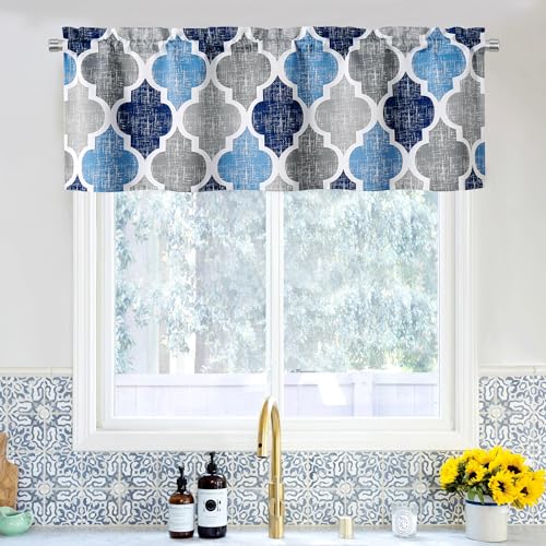 Moroccan Valance Curtains for Kitchen Cafe Blue Grey 52x18 1 Panel (Rod Pocket | Blue and Grey / 50"W x 18"L (Pack of 1))