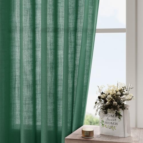 Dark Green Linen Curtains for Living Room 63 Inches Long 2 Panel Set Light Filtering Linen Drapes for Kitchen Windows Rod Pocket Back Tab Short See Through Curtain Country Farmhouse Decor 52x63 (52"W x 63"L (Pack of 2) / Dark Green)