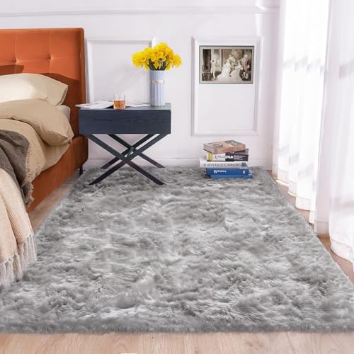 Gray Furry 5x7 Area Rugs for Bedrooms Faux Sheepskin Fur Rug Washable Carpet for Living Room Shag Nursery Rug (5' x 7' (Rectangular) / Silver Grey)