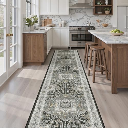 Washable Runner Rugs 2x12 for Hallway Kitchen Grey Green (Grey Green/Black Olive / 2' x 12' (Runner))
