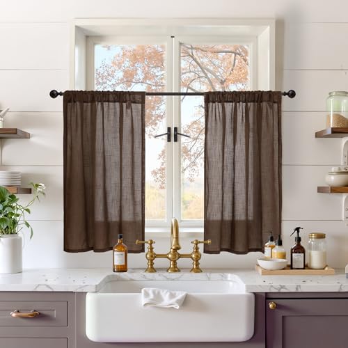 Brown Linen Short Curtains 36 Inch Length for Window (Brown / 30"W x 36"L (Pack of 2))