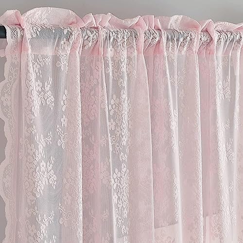 Vintage Lace Curtains 108 inches Long 2 Panels Cute Floral Pink Sheer Curtains for Sliding Door Backdrops Romantic Pricess Baby Girl Room Decor Light Filtering 52 x 108 Inch Light Pink (Light Pink / 52"W x 108"L (Pack of 2))