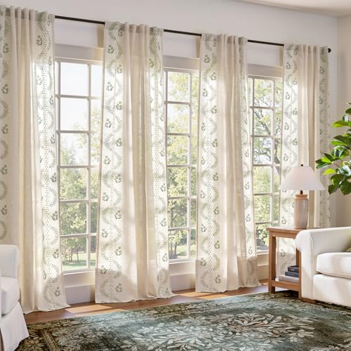 Floral Linen Curtains 90 Inch Farmhouse Back Tab 2 Panels (Sage / 50"W x 90"L (Pack of 2))