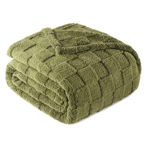 3D Checkered Fleece Throw Blanket for Couch (Olive Green / Throw (50"x60"))
