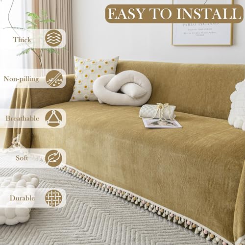 Couch Covers for Pets Boho Mustard Yellow Love Seat Couch Covers Brown Sofa Cover for Dogs Pet Couch Protector Chenille Tassel Sofa Slipcovers Sofa Throw Cover Boho Decor (91" x 118" / Tassel Ball: Mustard)