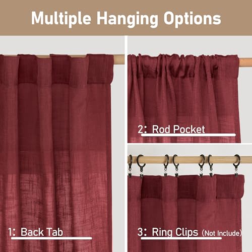 Semi Sheer Linen Curtains 63 Inch for Living Room 52 x 63 Inch (Burgundy Red / 52"W x 63"L (Pack of 2))