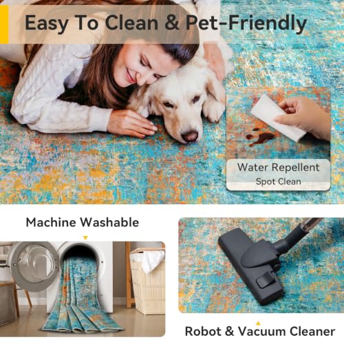 Washable Square 8'x8' Area Rug for Living Room Teal Multi (Teal Blue/Green/Orange / 8' x 8' (Square))