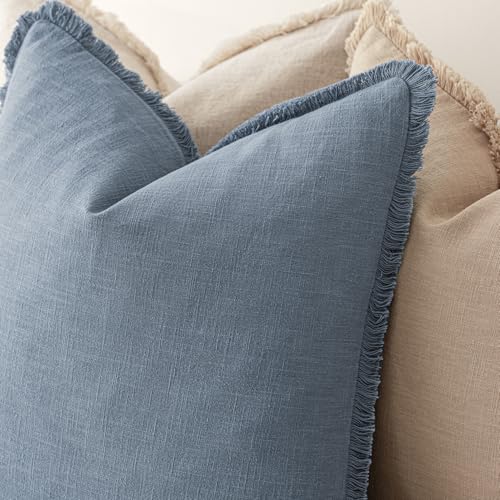Decorative Linen Fringe Throw Pillow Covers 16×16 Misty Blue (16" x 16" (Pack of 2) / Spring Lake)