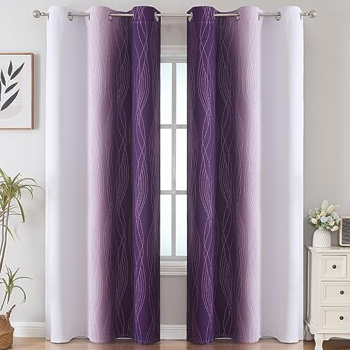 Purple and Greyish White Ombre Blackout Curtains for Bedroom 84 Inches Long (Purple and Greyish White / 42"W x 84"L (Pack of 2))