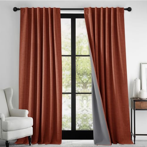 100% Blackout Linen Textured Curtains 108 Inch Long for Nursery (Terracotta / 52"W x 108"L (Pack of 2))