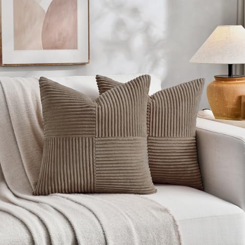 Set of 2 Light Brown Patchwork Corduroy Decorative Soft Striped Modern Accent Cushion Case Farmhouse Boho Neutral Throw Pillow Covers for Chair Couch Bed Sofa Living Room 24x24 Inch (Light Brown / 24" x 24" (Pack of 2))