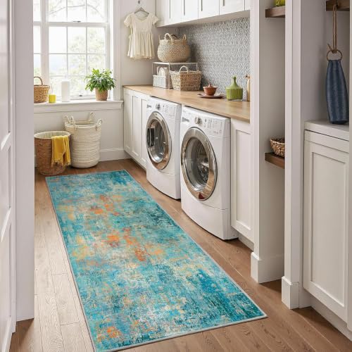 Washable Runner 2'x6' Abstract Area Rug for Hallway Teal Multi (Teal Blue/Green/Orange / 2' x 6' (Runner))