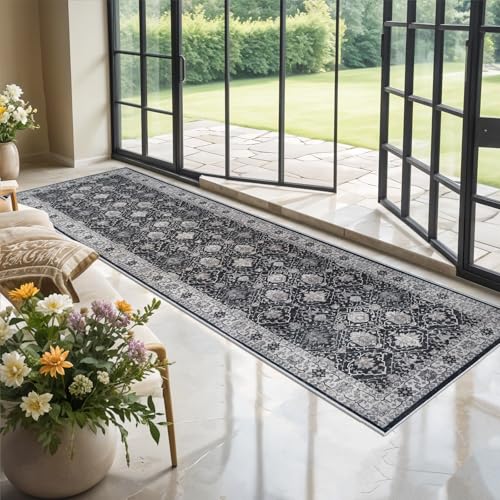 Hallway Washable Runner Rug (3' x 10' (Rectangular) / Black/Navy)