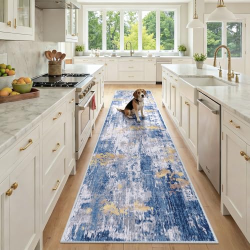 Washable Runner 2'6"x10' Abstract Area Rug for Hallway Blue Gold (Blue/Gold / 2'6" x 10' (Runner))