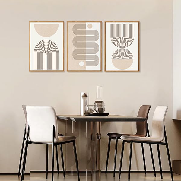 Framed Boho Wall Art Set of 3 (Beige Geometric Line / 24"L x 36"W)