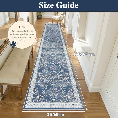 2x12 Washable Hallway Runner Rug Non Slip Floral Carpet (Blue / 2' x 12')