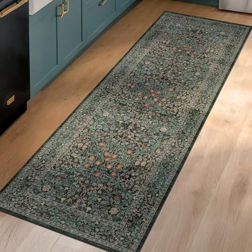 Vintage Floral Dark Green Washable Runner Rug 2x6 (Dark Green / Black / 2' x 6' (Runner))