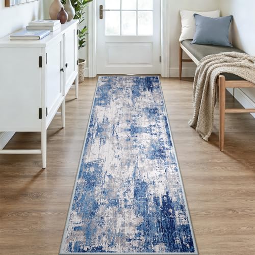 Washable Runner 3'x12' Abstract Area Rug for Hallway Blue Gray (Blue/Gray / 3' x 12' (Runner))