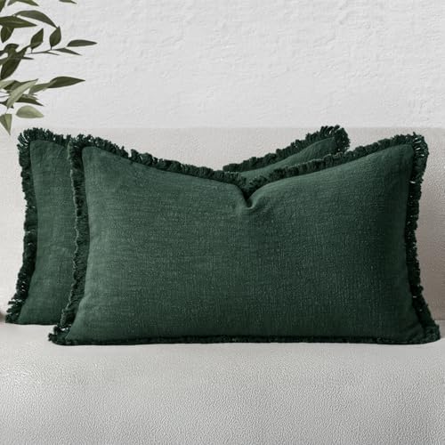 Linen Fringe Decorative Lumbar Throw Pillow Covers Army Green 12x20 (20" x 12" (Pack of 2) / Army Green)
