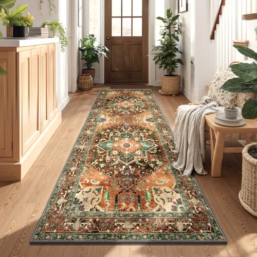 Washable Runner Rug (3 x 8 Feet / Rust/Dull Teal)