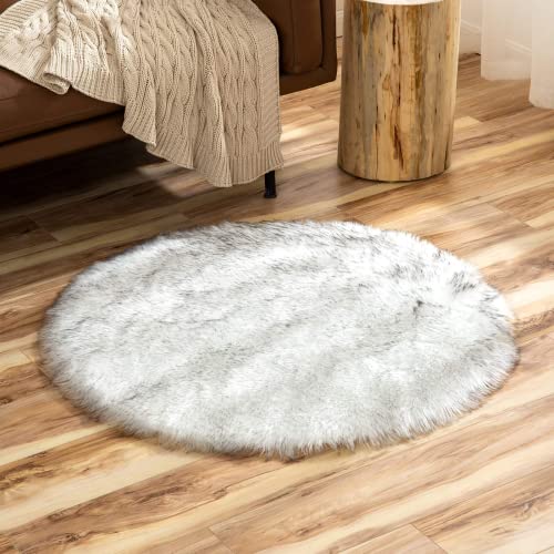 Grey and White Small Round Rug 3ft Faux Sheepskin Fur Circle Rug for Living Room Bedside Fluffy Shag Rugs Cute Room Décor (3' (Round) / White With Grey Tips)