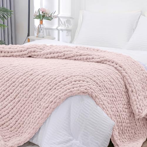 Chunky Knit Throw Blanket for Couch (Rose Tan / 51"x63" (Large Size Throw）)