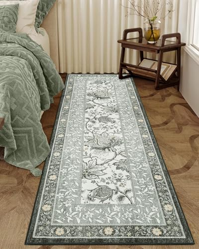 Provence Fog 2.5 x 8 Washable Kitchen Runner Rugs Non Slip Vintage Boho Cottage Long Rug for Hallways Bedroom Entryway Bathroom Mat with Rubber Back (Provence Fog / 2'6" x 8' (Runner))