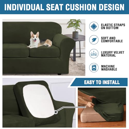 Modern Velvet Plush 4 Piece High Stretch Sofa Slipcover Furniture Protector Form Fit Velvet Extra Large Sofa Cover for 3 Cushion Couch Width Up to 105 Inch (3 Cushion XL Sofa / Olive)