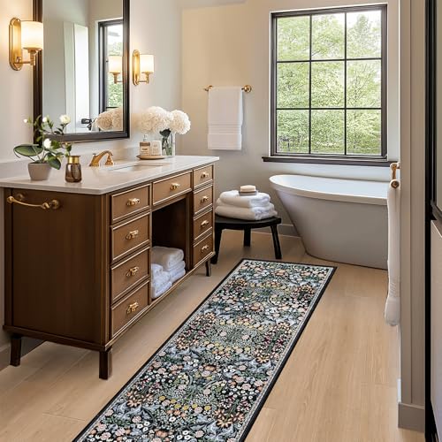 2x6 Washable Runner Rug：Floral Indoor Kitchen Carpet Dark Black (Dark Black / 2' x 6' (Runner))