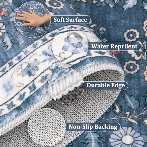2x12 Washable Hallway Runner Rug Non Slip Floral Carpet (Blue / 2' x 12')