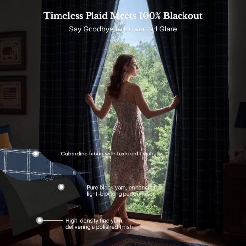 Dark Blue Buffalo Check Plaid 100% Blackout 63 Inch Long Curtains (52"W x 63"L (Pack of 2) / Grid Pattern | Dark Blue & White)