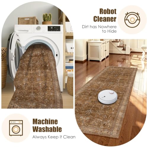 Washable Area Rug 2'6'' x 8' Vintage Traditional Persian Mat (Bronze and Ivory / 2'6" x 8' (Rectangular))