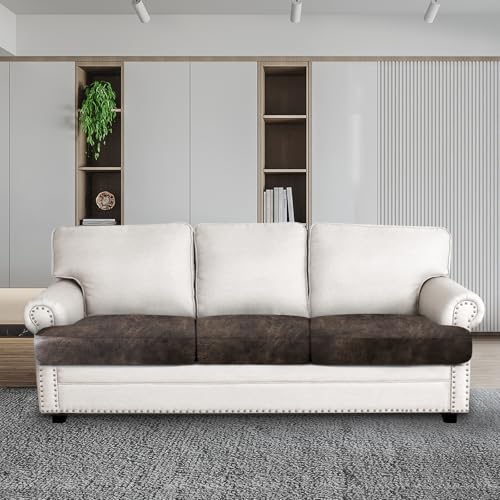 Leather Look Couch Cushion Covers Sofa Seat Slipcovers Sets Couches Furniture Protector for Sectional Armchair Loveseat Pets Kids Stretch Spandex Fabric (3 T-Cushion Sofa / Brown)