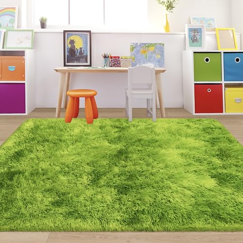 Green Tie Dyed Rug for Bedroom 4x6 Fluffy Area Rug Mat Bedside Throw Rug for Living Room Kids Room Boys Teens Nursery Baby Dorm Office Home Decor Aesthetic Carpets (Tie-dyed Green / 4' x 6' (Rectangular))