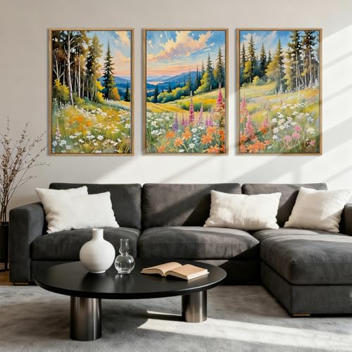 Colorful Woodland Wall Art Large Floral Field Wall Decor 16x24 Inch Set of 3 for Living Room Bedroom Dining Room (24"L x 16"W / Colorful Nature)
