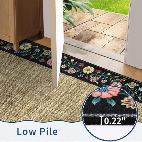 Washable Living Room Rug 9x12 Floral Bordered Area Rugs Soft Thin Indoor Carpet for Bedroom Modern Throw Aesthetic Mat Non Slip Stain Resistant Carpet for Dining Room Office (Flax/Black / 9' x 12' (Rectangular))