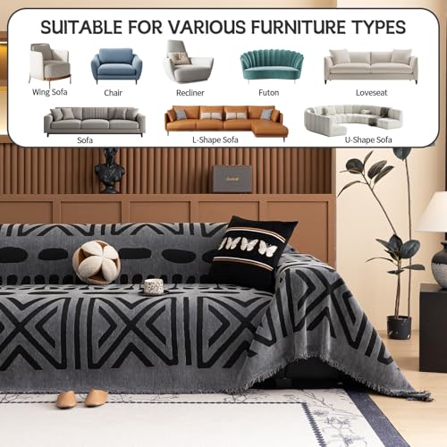 Boho Couch Cover Blanket Geometric Striped Pet Covers for Couches and Sofas Dark Grey and Black Dog Cover for Couch Pet Friendly Chenille Sectional Sofa Covers for Pets Washable (71" x 118" / Stripe: Dark Grey and Black)