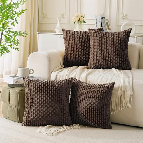 Set of 4 Dark Brown Decorative Throw Pillow Covers 16x16 Inch Corduroy Pillow Covers for Bed Couch Sofa Living Room Soft Square Cushion Cases (Dark Brown / 16" x 16" (Pack of 4))