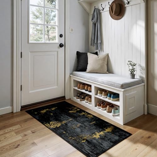 Washable 2'x5' Abstract Area Rug for Living Room Black Gold (Black/Gold / 2' x 5' (Rectangular))